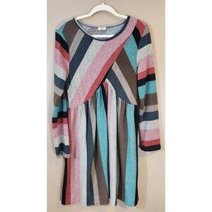 Egs Multicolor Striped Print Long Sleeve Sweater Dress Sz XL Cozy Cute Chic